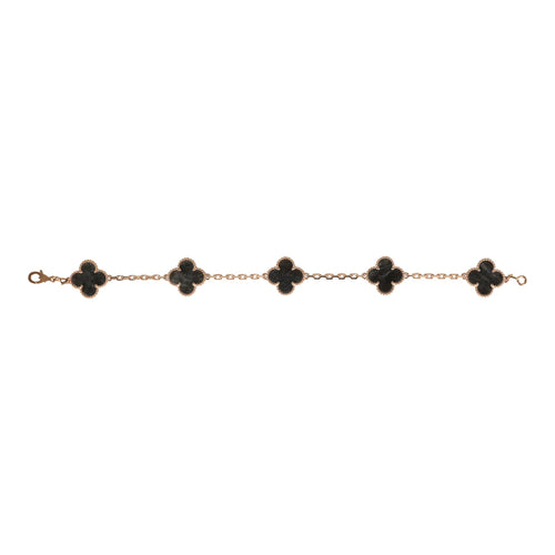 Van Cleef & Arpels Vintage Alhambra 5 Motif Bracelet Silver Obsidian 18K Rose Gold Hardware