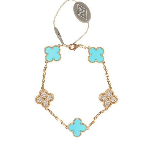 Van Cleef & Arpels Vintage Alhambra 5 Motif Bracelet Turquoise Diamonds & 18K Yellow Gold Hardware