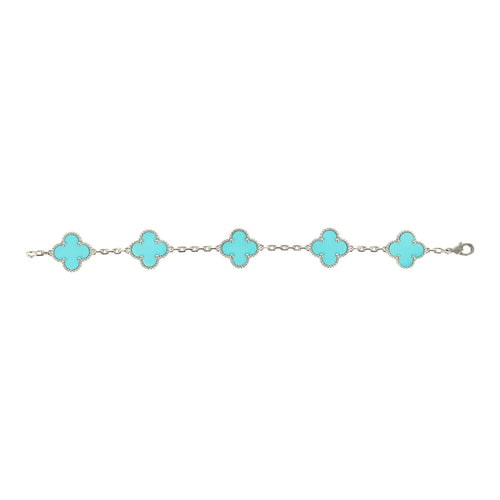 Pre-owned Van Cleef & Arpels Vintage Alhambra 5 Motif Bracelet Turquoise 18K White Gold Hardware