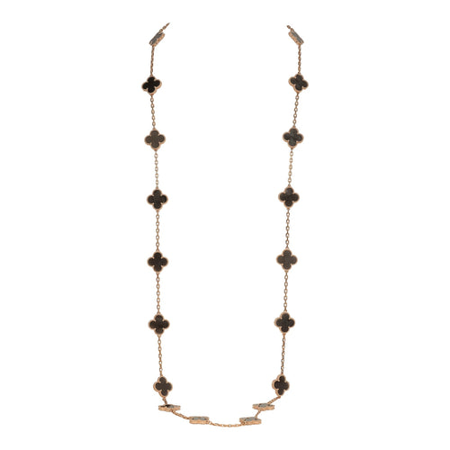Van Cleef & Arpels Vintage Alhambra 20 Motif Long Necklace Silver Obsidian & 18K Rose Gold Hardware