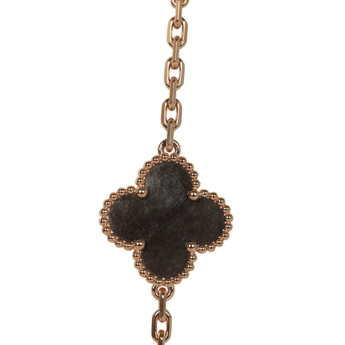 Van Cleef & Arpels Vintage Alhambra 20 Motif Long Necklace Silver Obsidian & 18K Rose Gold Hardware