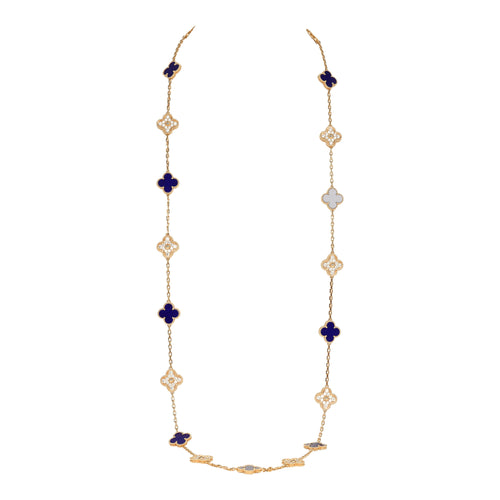 Van Cleef & Arpels "Vendome" Vintage Alhambra 20 Motif Long Necklace Blue Sevres Porcelain 18K Yellow Gold Hardware & Diamonds