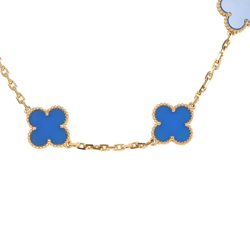 Van Cleef & Arpels Vintage Alhambra 10 Motif Necklace Blue Agate 18K Yellow Gold Hardware