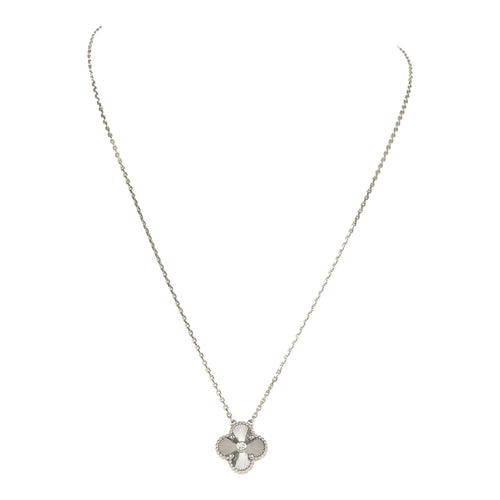 Pre-owned Van Cleef & Arpels 2020 Holiday Vintage Alhambra Pendant Necklace 18K White Gold Guilloche & Diamonds