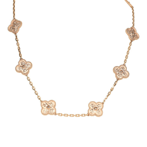 Van Cleef & Arpels Vintage Alhambra 10 Motif Necklace 18K Hammered Rose Gold Hardware