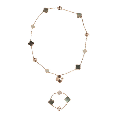 Van Cleef & Arpels Magic Alhambra Transformable 15 Motif Necklace White and Grey MOP 18K Rose Gold Guilloche