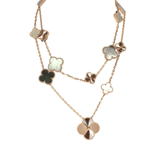 Van Cleef & Arpels Magic Alhambra Transformable 15 Motif Necklace White and Grey MOP 18K Rose Gold Guilloche
