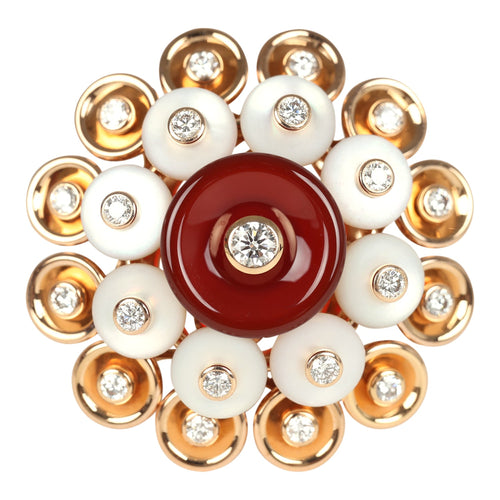 Van Cleef & Arpels Bouton D’or Ring Carnelian, Mother Of Pearl 18K Rose Gold Hardware & Diamonds