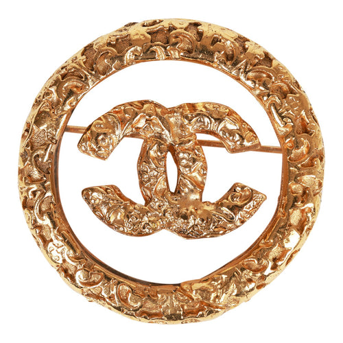 Vintage Chanel 24K Gold Plated Gold Tone CC Lava Textured Brooch