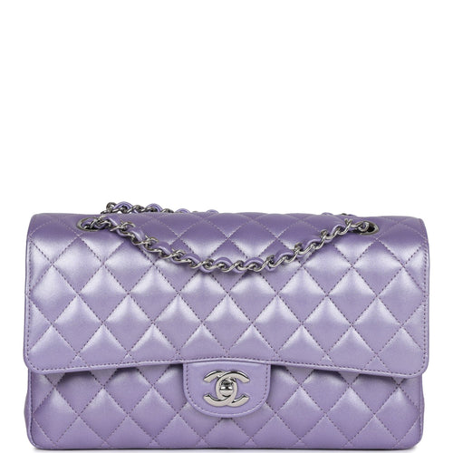 Chanel Medium Classic Double Flap Bag Purple Metallic Lambskin Silver Hardware