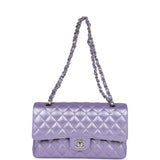 Chanel Medium Classic Double Flap Bag Purple Metallic Lambskin Silver Hardware