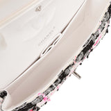 Pre-owned Chanel Medium Classic Double Flap Bag White, Black, and Pink Tweed Silver Hardware