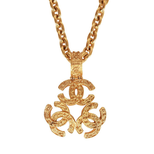 Vintage Chanel 24K Gold Plated Triple Interlocking CC Pendant Necklace