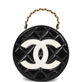 Vintage Chanel Round Vanity Bag Black and White Patent Leather Antique Gold Hardware