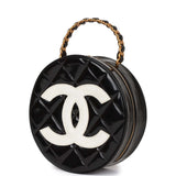 Vintage Chanel Round Vanity Bag Black and White Patent Leather Antique Gold Hardware
