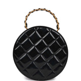 Vintage Chanel Round Vanity Bag Black and White Patent Leather Antique Gold Hardware