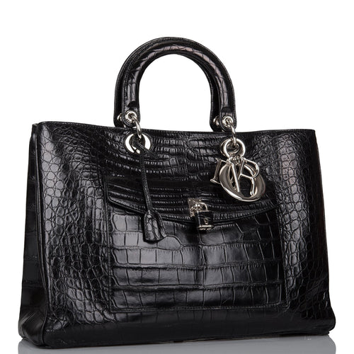 Pre-owned Christian Dior Diorissimo Pocket Tote Black Matte Alligator Silver Hardware