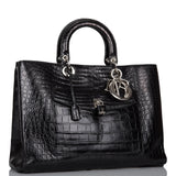 Pre-owned Christian Dior Diorissimo Pocket Tote Black Matte Alligator Silver Hardware