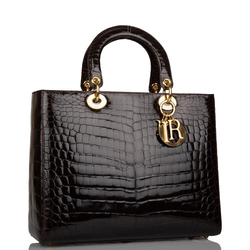 Pre-owned Christian Dior Dark Brown Large Lady Dior Alligator Tote Gold Hardware